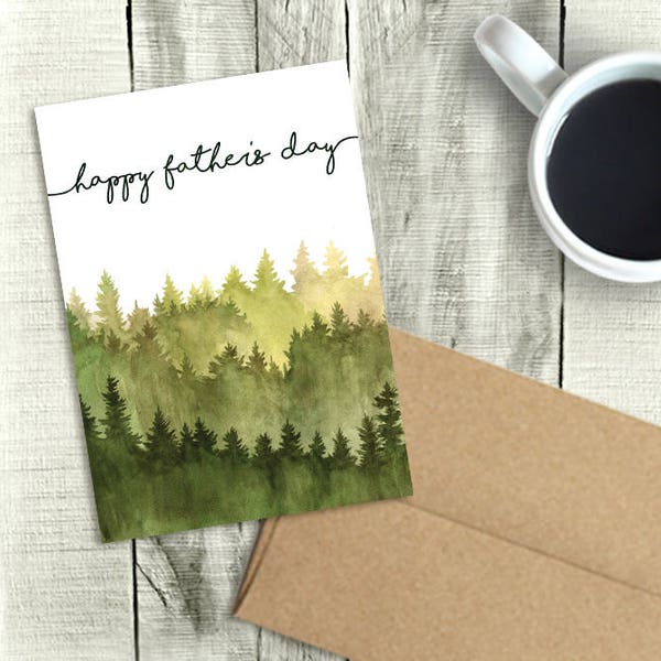 Happy Father's Day Card, Digital Printable, Watercolor Forest, PDF Instant Download, 5x7 Greeting, Dad, Brother, Husband, Son, Grandpa