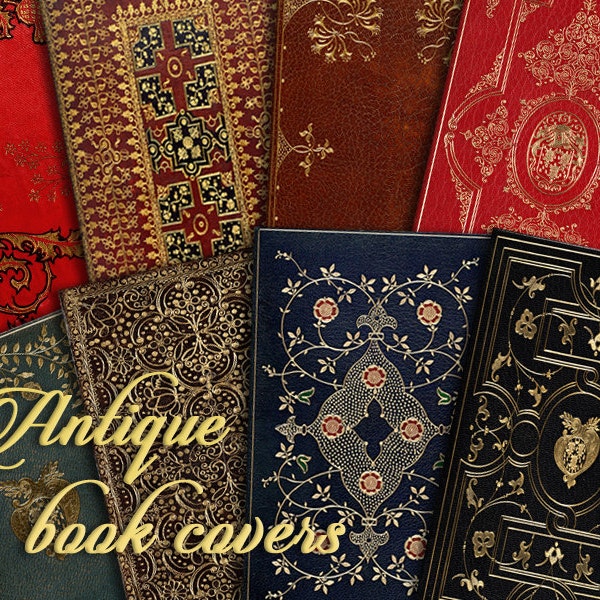 Antique Book Covers, Gold Embossed, INSTANT DOWNLOAD, Vintage Backgrounds, Collage, Printable, Digital Scrapbooking, Victorian Ephemera, PNG