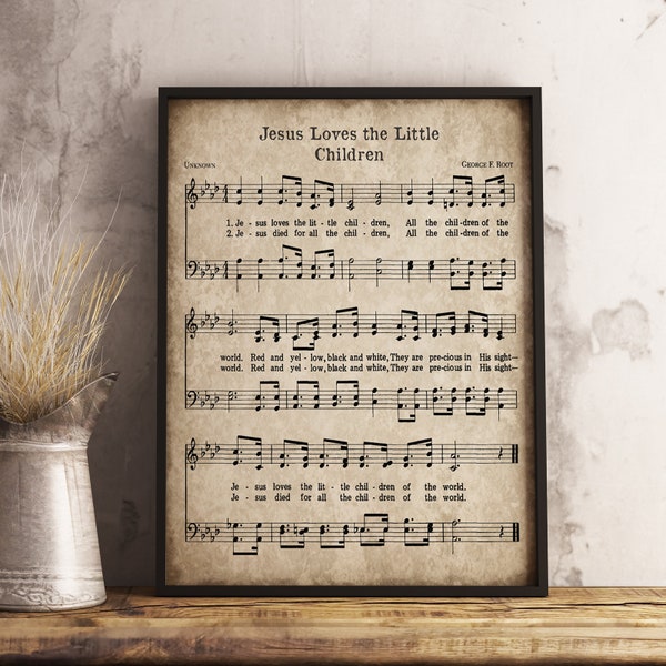 Jesus Loves the Little Children, Printable Vintage Hymn, Sheet Music Print, Instant Download, Christian Nursery Art, Song Decor, Kids Room