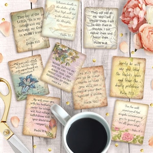 Cartões de versículos bíblicos imprimíveis do Salmo 91, 2,5" x 3", download instantâneo, etiquetas de escritura, folha de colagem de diário de arte, adesivos de diário vintage