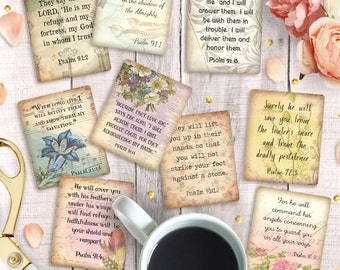 Afdrukbare bijbelverskaarten Psalm 91, 2,5 x 3 inch, direct download, schrifttags, Art Journal-collageblad, vintage dagboekstickers, stickers