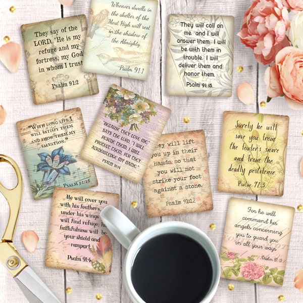 Psalm 91 Printable Bible Verse Cards, 2.5" x 3", Instant Download, Scripture Tags, Art Journal Collage Sheet, Vintage Journaling Stickers