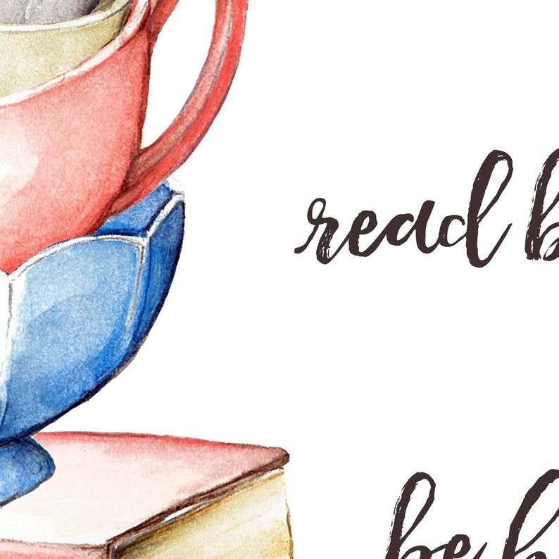 May include: A watercolor illustration of a stack of books with a cup of coffee on top. The text "read books" is written in black cursive.
