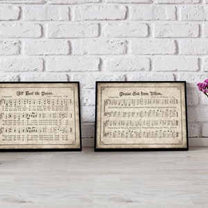 Old Hymns, Landscape Set of 2, All Hail the Power, Praise God from Whom, Doxology Printable, Vintage Sheet Music, Instant Download, Aged Art