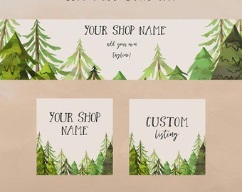 Rustic Trees, Etsy Cover Photo Set,  Shop Icon, Custom Listing Image, Watercolor Forest, INSTANT DOWNLOAD, Stock Shop Banner, Shop Graphics