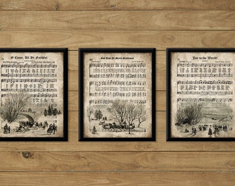 Vintage Christmas Carol Prints, Set of 3, INSTANT DOWNLOAD, Sheet Music Hymn, Wall Decor, Aged Antique Grunge, Printable Art