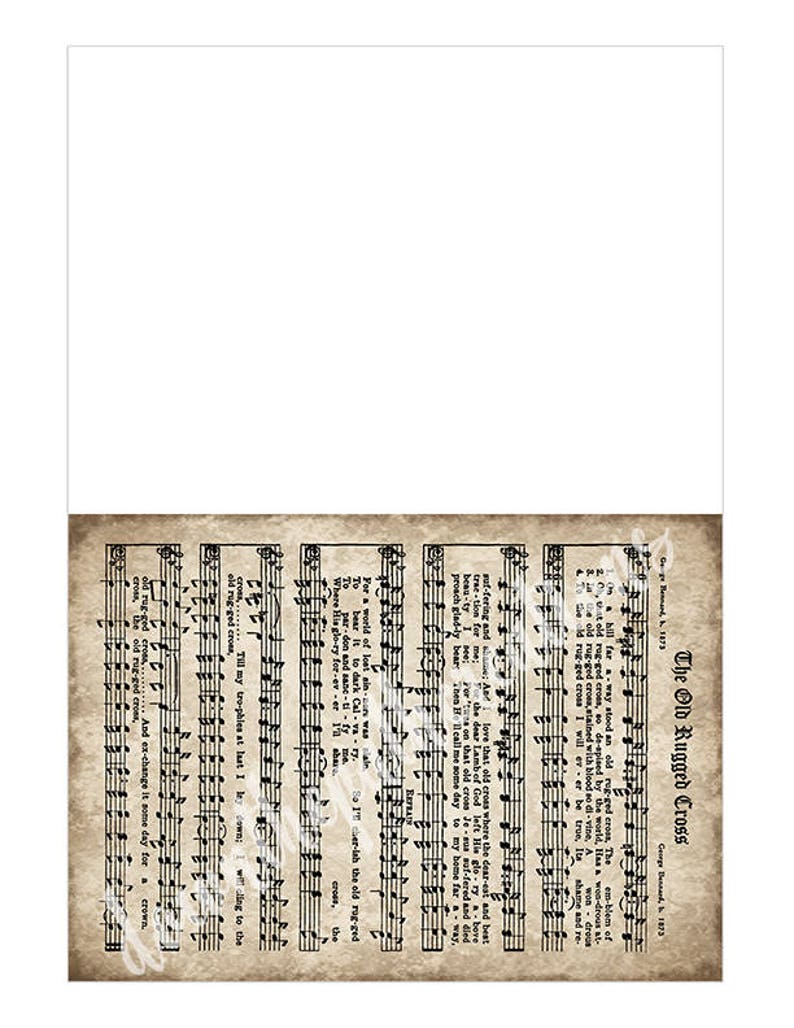May include: A vintage sheet music page with the lyrics and musical notation for the hymn "The Old Rugged Cross". The lyrics include the lines "On a hill far away stood an old rugged cross, The emblem of suffering and shame" and "So I'm cherish the old rugged cross, the old rugged cross, the old rugged cross, the old rugged cross, And exchange it some day for a crown."