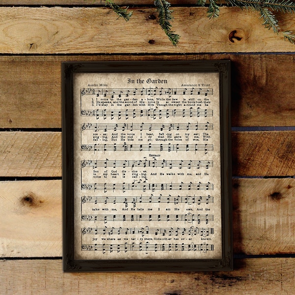 Hymnal Page, In the Garden, Printable Vintage Sheet Music, Instant Download, Aged Antique Hymn, Christian Wall art, Church Decor