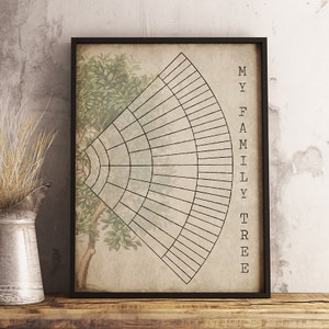 Gráfico de fans del árbol genealógico de 6 generaciones Descarga instantánea Imprimible, Arte de pared vintage, Ascendencia, Genealogía, Regalo de bricolaje, Plantilla en blanco, pedigrí imagen 1