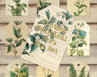 Vintage Medicinal Herb Tags INSTANT DOWNLOAD Printable Scrapbooking Supplies, flowers, herbal, plants, botanical, digital download, set of 9