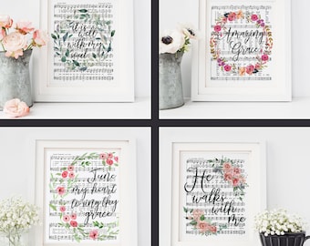 Floral Hymn Print Set of 4, Printable Sheet Music, Amazing Grace, It is Well, Instant Download, Watercolor Hymnal , Christian Wall Art