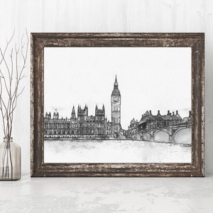 London Skyline Printable, Black And White City Print, INSTANT DOWNLOAD, Watercolor & Ink, Big Ben Wall Art, Pen Drawing, Travel Decor