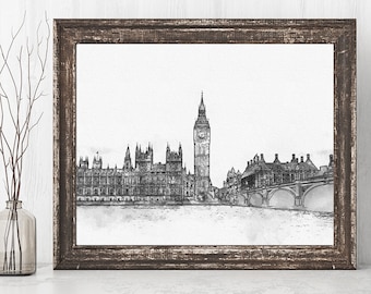 London Skyline Printable, Black And White City Print, INSTANT DOWNLOAD, Watercolor & Ink, Big Ben Wall Art, Pen Drawing, Travel Decor