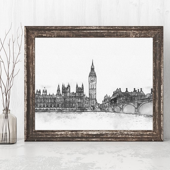 London Skyline Printable, Black And White City Print, INSTANT DOWNLOAD, Watercolor & Ink, Big Ben Wall Art, Pen Drawing, Travel Decor