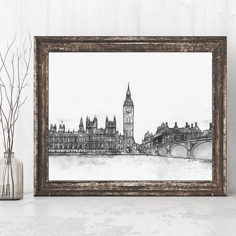 K&ouml;nnte beinhalten: Eine Schwarzwei&szlig;skizze des Houses of Parliament und Big Ben in London, England. Das Bild ist in einem dunklen Holzrahmen gerahmt.