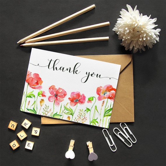 Printable Thank You Card, Watercolor Flowers, Red Poppies, PDF Instant Download, 5x7 Greeting Notes, Baby Shower, Graduation, Wedding
