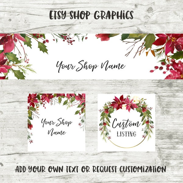 Christmas Floral, Festive Holiday, Etsy Cover Photo Set,  Shop Icon, Custom Listing Image, INSTANT DOWNLOAD, Stock Banner, Shop Graphics