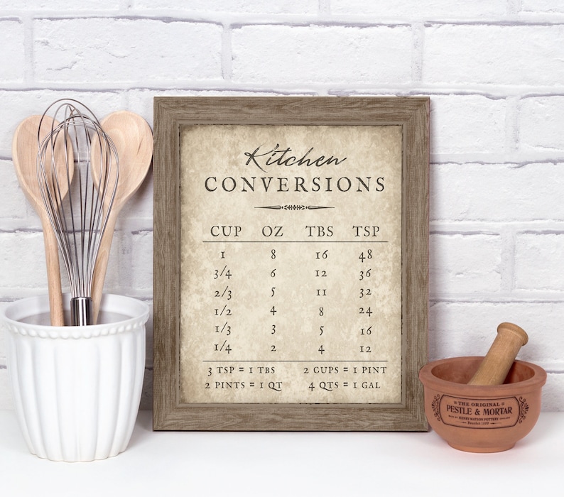 Kitchen Conversion Chart, Farmhouse Kitchen Print, INSTANT DOWNLOAD, Vintage Wall Art, Farm house Decor, Rustic Sign, Kitchen quote image 1