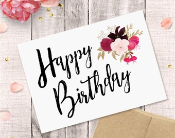 彼女への誕生日カード（印刷可能）、ハッピーバースデー、水彩画風の花柄、PDF即時ダウンロード、5x7グリーティングカード、母、姉妹、妻、おばあちゃん