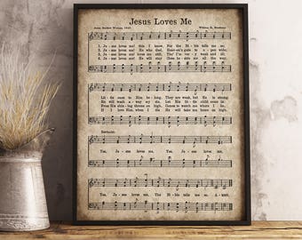 Jezus houdt van mij, afdrukbare vintage hymne, bladmuziek print, instant download, christelijke kinderkamer kunst, kinderlied decor, kinderkamer