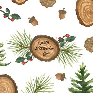 Pode incluir: Ilustrações de aquarela de elementos rústicos, incluindo ramos de pinheiro, fatias de árvore, bolotas e pinhas. O texto "Rustic Watercolor Set" está escrito em uma das fatias de árvore.