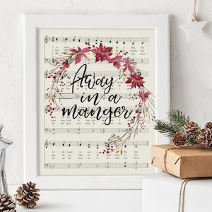 Away in a Manger Hymn Art, Printable Sheet Music, Instant Download, Hymnal Print, Christmas Decor, Watercolor Wreath, Christian Song