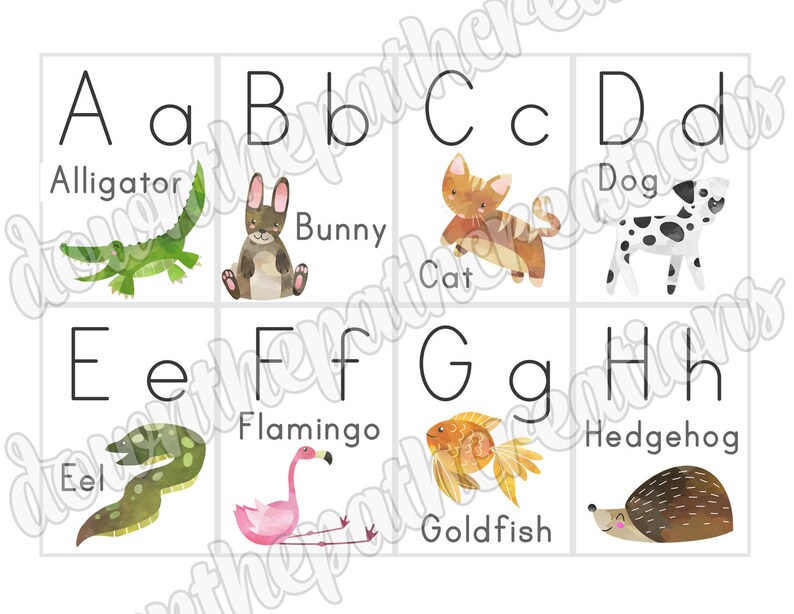 May include: A colorful alphabet chart with illustrations of animals for each letter. The letters are in black and the animals are in watercolor. The animals include an alligator, bunny, cat, dog, eel, flamingo, goldfish, and hedgehog.