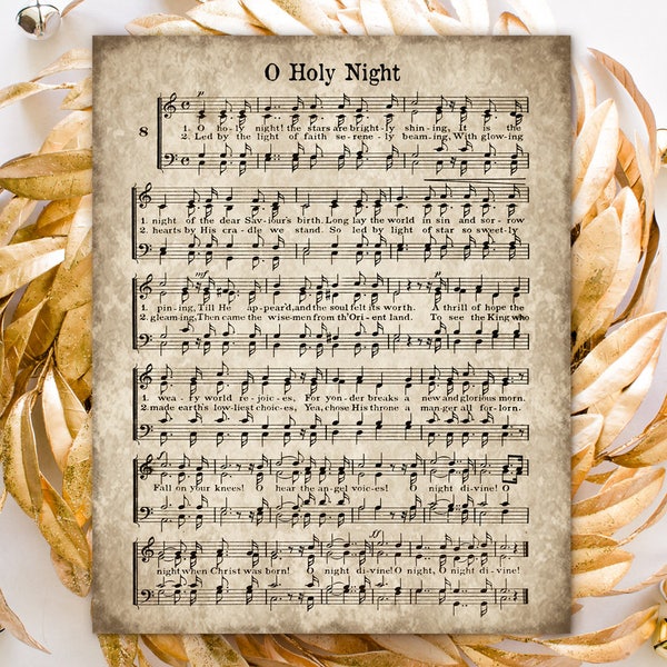 O Holy Night, Printable Christmas Hymn, Vintage Carol, Instant Download, Aged Antique Sheet Music, Farmhouse Decor, Hymnal Page Print