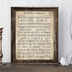 His Eye is on the Sparrow Print, Printable Vintage Sheet Music, Instant Download, Antique Hymn, Farmhouse Decor, Christian Art