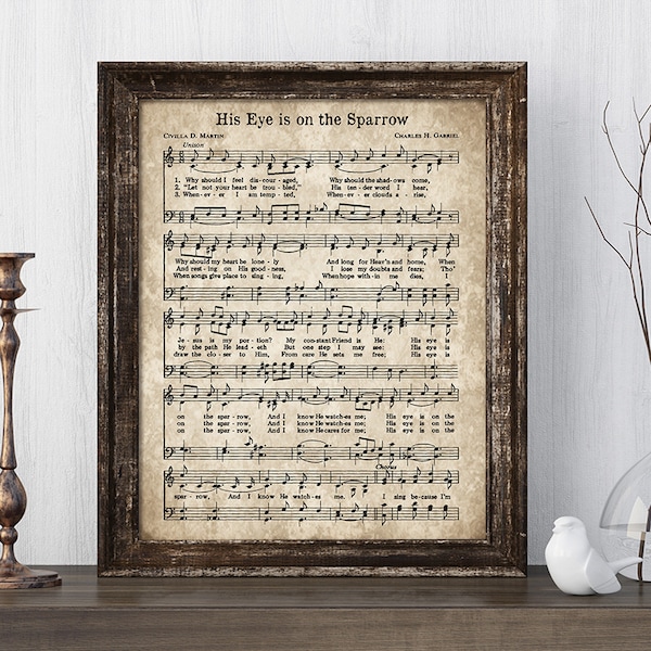 His Eye is on the Sparrow Print, Printable Vintage Sheet Music, Instant Download, Antique Hymn, Farmhouse Decor, Christian Art