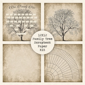 Kit de papel para scrapbook digital de árvore genealógica, download instantâneo, papéis 12x12, gráfico de leque, antiguidade vintage, genealogia ancestral, modelo para impressão