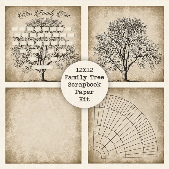 Family Tree Digital Scrapbook Paper Kit, Instant Download, 12x12 Papers,  Fan Chart, Vintage Antique, Ancestry Genealogy, Printable Template 