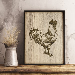 Rustic Rooster Wood Burn Print, Instant download, Vintage Chicken Wall Decor, Farm House Art, Printable, 8x10