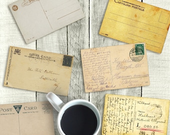 Postcard Backs Set - Printable 4x6 Postcards, Instant Download, 6 Vintage Post Card Set, Antique Tags, Art Journal Collage Sheet, Journaling