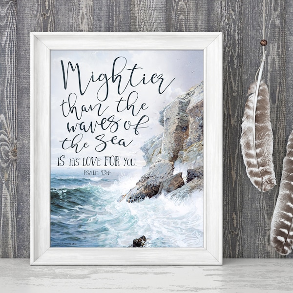 Mightier Than the Waves  Printable, Psalm 93:4 Print, Watercolor Ocean, Instant Download, Bible Verse Art, Scripture Decor, Christian Gift
