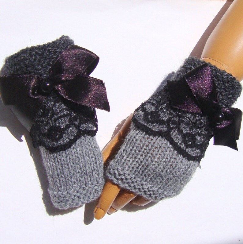 Gray Lace Gloves Knit Gray Gloves Gray Fingerless Winter Etsy