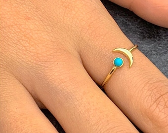 Dainty turquoise and moon open ring, Stacking ring, Silver ring, Turquoise solitaire ring, Minimalist ring, stone ring, blue stone ring
