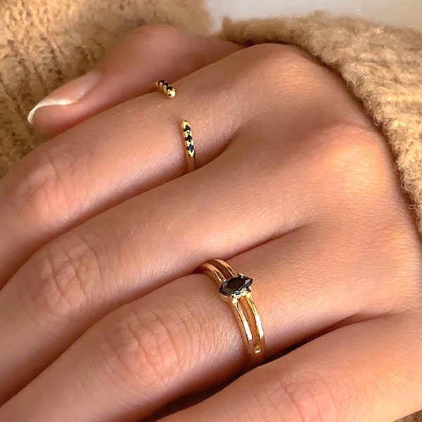 Dainty black cz ring, Gold ring, Black stone ring, cz ring, Promise ring, Minimalist ring, Solitaire ring, Marquise ring, Tiny cz ring