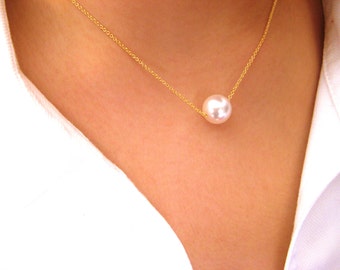 14K Gold Filled Dainty Necklace with Swarovski Crystal Pearl - bride neckace - wedding necklace - pearl necklace - minimalist