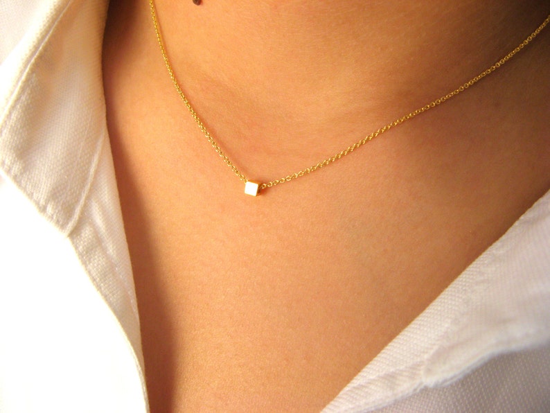 Dainty Cube Necklace Little Necklace 14K Gold Filled with Little Gold Vermeil Cube geometric necklace gold necklace minimalist image 1