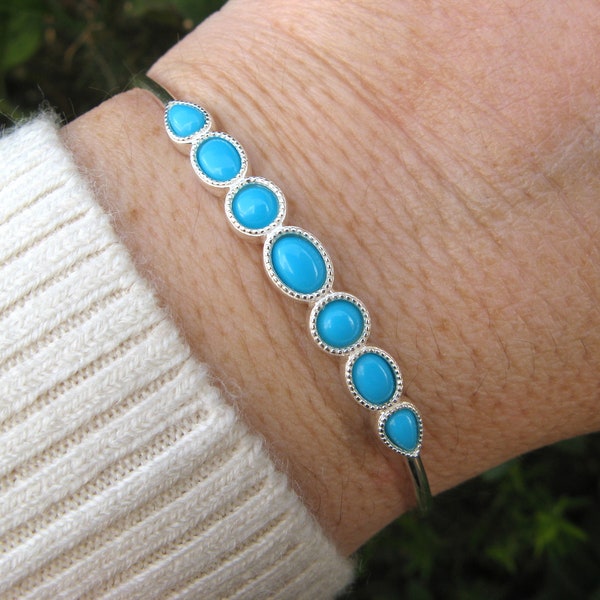 Dainty open bangle with turquoise color stones, rigid bracelet, adjustable waist bangle, Blue and silver bangle, Sterling SIlver 925,