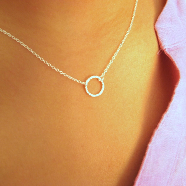 Dainty Circle Necklace - Little Sterling Silver Dainty Necklace with textured circle ring - geometric - Karma necklace - Ethernity necklace