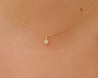 Collar dainty cz 8 estrella puntiaguda, collar estrella del norte, collar charm con circonitas, collar de oro, collar de plata, collar de estrellas,