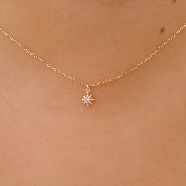 Dainty cz 8 pointed-star necklace, North star necklace, charm with zirconia necklace, gold necklace, silver necklace, star necklace,