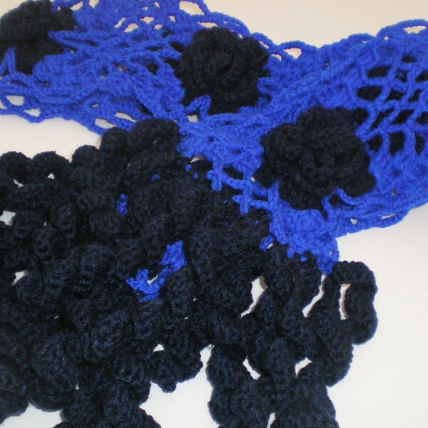 Crochet Scarf . Handmade scarf crochet in the colours of blue .Crochet Scarf with Roses.