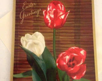 Tarjeta de Pascua Vintage - Primavera Tulipanes Foto Tarjeta de Saludo - Tarjeta Floral Sin Usar con Sobre - Feliz Tarjeta de Saludo de Pascua