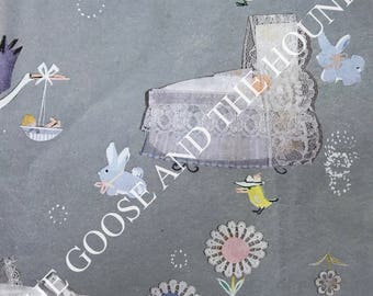 Vintage Gift Wrapping Paper - Lace Baby Cradle and Animals, Stork, Flowers - Baby Shower Paper - 1 Unused Full Sheet Gift Wrap