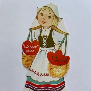 Vintage Valentine's Day Card - Unused Valentine - Dutch Girl Clog Valentine - Small Classroom Valentine - Tarjeta de felicitación no utilizada w Sobre