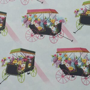 Vintage Gift Wrapping Paper - Stripes Floral Carts - Wagons Full of Flowers -  All Occasion, Birthday, Wedding, Shower - 1 Unused Full Sheet