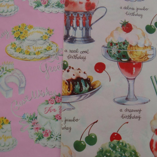 Vintage Gift Wrapping Paper Lot - Cake and Ice Cream Happy Birthday Paper Craft Supply - Unused Partial Sheets